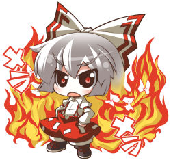 1girl chibi crazy_developers female_focus fire fujiwara_no_mokou full_body ofuda ribbon solo standing touhou white_background