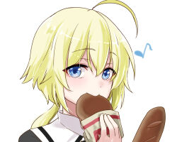 Rule 34 | 1girl, ahoge, amano soraha, assault lily, baugette, blonde hair, blue eyes, bread, bun (food), closed mouth, commentary request, eating, eighth note, food, food in mouth, hair between eyes, hand up, highres, holding, holding food, long hair, looking ahead, low ponytail, musical note, ponytail, portrait, school uniform, simple background, smile, solo, urutsu sahari, white background, yurigaoka girls academy school uniform