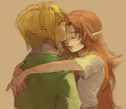 Rule 34 | 1boy, 1girl, blonde hair, brown background, brown hair, couple, earrings, closed eyes, kissing forehead, happy, hetero, hug, jewelry, kiss, kissing forehead, link, long hair, malon, nintendo, open mouth, pointy ears, red hair, scarf, short hair, short sleeves, smile, the legend of zelda, the legend of zelda: ocarina of time, yo mo