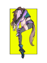 Rule 34 | 1girl, animal ears, asymmetrical legwear, belt, black shorts, black thighhighs, blue eyes, brown hair, collar, cropped jacket, fishnet top, fishnets, full body, high heels, highres, horse ears, horse girl, horse tail, invisible chair, knee up, long hair, long sleeves, midriff, mismatched legwear, navel, otimusyairoha, over-kneehighs, own hands together, shorts, single over-kneehigh, single thighhigh, sitting, solo, tail, thigh strap, thighhighs, tosen jordan (umamusume), twintails, umamusume, watch, wristband, wristwatch