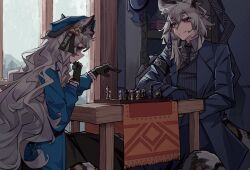Rule 34 | 1boy, 1girl, absurdres, animal ears, arknights, armband, black gloves, blue eyes, blue headwear, blue jacket, board game, braid, chess, chess piece, closed mouth, gloves, grey hair, highres, indoors, jacket, leopard ears, long hair, long sleeves, necktie, official alternate costume, pointy nose, pramanix (arknights), pramanix (caster&#039;s frost) (arknights), siblings, silverash (arknights), smile, table, togekk0