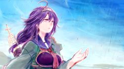 Rule 34 | 1girl, ahoge, blue sailor collar, day, green kimono, hair flaps, hairband, japanese clothes, kantai collection, kimono, long hair, long sleeves, low-tied long hair, muneate, neckerchief, outdoors, parted lips, purple hair, quiver, rain, red eyes, red neckerchief, rigging, ryuuhou (kancolle), sailor collar, solo, sowamame, taigei (kancolle), upper body