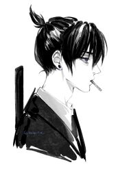 Rule 34 | 1boy, black hair, black suit, blue eyes, chainsaw man, cigarette, collared shirt, earrings, expressionless, formal, from side, greyscale, hair between eyes, hayakawa aki, highres, jewelry, looking to the side, male focus, monochrome, portrait, scabbard, sheath, shirt, signature, skoukaz, suit, topknot, upper body, white shirt