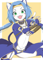 Rule 34 | 1girl, :d, animal ears, blue hair, blush stickers, cat ears, cat tail, collar, collarbone, gloves, green eyes, long hair, looking at viewer, low twintails, meracle chamlotte, o-ring, open mouth, smile, solo, star ocean, star ocean the last hope, tail, thighhighs, twintails, yuiki wakana