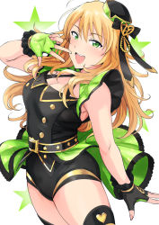 Rule 34 | 1girl, blonde hair, blush, breasts, cleavage, cowboy shot, fingerless gloves, gloves, gold trim, green eyes, hat, highres, hoshii miki, idolmaster, idolmaster (classic), leotard, long hair, looking at viewer, open mouth, smile, solo, star (symbol), thighhighs, tsurui, v, white background