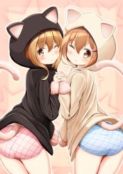 Rule 34 | 2girls, ;), alternate costume, animal hood, ass, blonde hair, blue panties, blush, border, brown hair, cat hood, cat tail, cowboy shot, fang, fang out, from behind, hair between eyes, hair ornament, hairclip, highres, holding hands, hood, hood up, hoodie, ikazuchi (kancolle), inazuma (kancolle), interlocked fingers, kantai collection, kemonomimi mode, leaning forward, long sleeves, looking at viewer, looking back, mochiyuki, multicolored eyes, multiple girls, no pants, one eye closed, panties, pink panties, print panties, red eyes, short hair, sleeves past wrists, smile, standing, star (symbol), starry background, tail, tareme, thighs, underwear, wavy mouth, yellow eyes