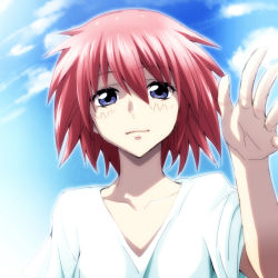 Rule 34 | 10s, 1girl, blue eyes, canon memphis, cloud, collarbone, day, dress, finger marks, highres, looking at viewer, portrait, red hair, short hair, sky, smile, solo, soukyuu no fafner, watarui, waving, white dress