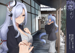 Rule 34 | 1other, 2girls, :d, absurdres, alternate costume, architecture, ayul (ayulneri 92), bamboo, blue eyes, blue hair, braid, breasts, breath, cleavage, closed mouth, commentary request, east asian architecture, ganyu (genshin impact), genshin impact, goat horns, hair ornament, hair over one eye, hand up, highres, holding hands, horns, japanese clothes, kimono, large breasts, long hair, long sleeves, looking at viewer, low-braided long hair, low-tied long hair, multiple girls, one eye covered, open mouth, ponytail, pov, pov hands, purple eyes, ryokan, shenhe (genshin impact), sidelocks, single braid, smile, snow, standing, statue, translation request, very long hair, white hair, wide sleeves, winter, yukata