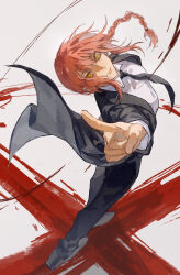 Rule 34 | 1girl, absurdres, black footwear, black jacket, black necktie, black pants, blood, blood on ground, blood splatter, braid, braided ponytail, chainsaw man, collared shirt, floating clothes, floating hair, floating neckwear, formal, highres, jacket, looking at viewer, looking back, makima (chainsaw man), medium hair, necktie, pants, pointing, pointing at viewer, red hair, ringed eyes, shirt, shirt tucked in, sidelocks, solo, suit, suit jacket, white shirt, yellow eyes, zuosha