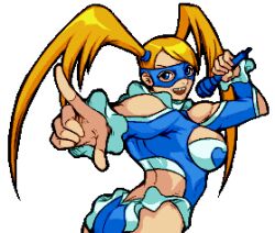 Rule 34 | 1girl, ass, bare shoulders, blonde hair, blue eyes, breasts, butt crack, countgate, domino mask, from behind, heart, heart print, large breasts, long hair, mask, microphone, pixel art, rainbow mika, street fighter, twintails