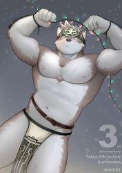 Rule 34 | 1boy, abs, absurdres, animal ears, bara, bulge, furry, furry male, grey hair, headband, highres, horkeu kamui, large pectorals, male focus, mikicat, multicolored hair, muscular, nipples, pectorals, short hair, simple background, solo, thick thighs, thighs, tokyo houkago summoners, upper body, yellow eyes