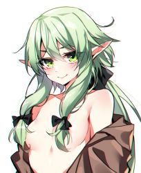 Rule 34 | 1girl, bare shoulders, bechu, bow, breasts, chromatic aberration, convenient censoring, elf, goblin slayer!, green eyes, green hair, hair bow, hair censor, hair over breasts, half-closed eyes, high elf archer (goblin slayer!), looking at viewer, off shoulder, pointy ears, sidelocks, simple background, small breasts, smile, solo, undressing, upper body, white background
