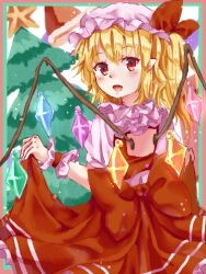 Rule 34 | 1girl, back cutout, blonde hair, christmas tree, clothes lift, clothing cutout, crystal wings, fangdan chaban, flandre scarlet, from behind, hat, looking at viewer, looking back, mob cap, pointy ears, red eyes, red ribbon, ribbon, side ponytail, skirt, skirt lift, solo, touhou, wrist cuffs