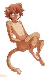 Rule 34 | 1boy, :&lt;, animal ears, animal hands, artist name, barefoot, brown hair, cat ears, cat tail, closed mouth, collarbone, dated, full body, furry, furry male, hatomura miri, highres, looking to the side, male focus, naruko shoukichi, navel, nude, orange eyes, pawpads, short hair, signature, simple background, sitting, solo, stomach, tail, white background, yowamushi pedal