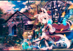 Rule 34 | 1girl, animal ears, bare tree, beret, black ribbon, black thighhighs, blue sky, blush, bow, brick, brick floor, cloud, cloudy sky, commentary, day, eyebrows, floating island, fox ears, frilled skirt, frills, grass, green bow, hat, heater, holding, holding staff, house, jacket, light rays, looking at viewer, looking back, misaki yuu, original, parted lips, path, petals, plant, red jacket, red ribbon, ribbon, road, scenery, short hair, skirt, sky, solo, staff, standing, thick eyebrows, thighhighs, tree, white hair, wind, yellow eyes