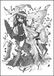 Rule 34 | ahoge, belt, bird, boots, flower, greyscale, isaki uta, kneehighs, long hair, miniskirt, monochrome, necktie, skirt, socks, solo, tea.x