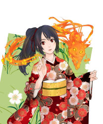 Rule 34 | 1girl, :&lt;, cat, character request, cherry blossoms, fire, floral print, flower, head tilt, japanese clothes, kimono, masato (mirai koubou), masato (pixiv), original, red eyes, solo