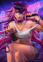 Rule 34 | 1girl, abs, armband, bare shoulders, blue eyes, bracelet, bracer, breasts, carlos morilla, chain, choker, cleavage, collar, collarbone, cuffs, denim, denim shorts, female focus, final fight, handcuffs, hat, highres, jewelry, crossed legs, licking lips, lips, long hair, midriff, nail polish, neon lights, off shoulder, peaked cap, pink hair, poison (final fight), riding crop, short shorts, shorts, sign, sitting, solo, street fighter, tank top, teeth, tongue, tongue out, whip