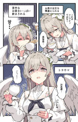Rule 34 | 1girl, 3koma, angel wings, black neckerchief, blonde hair, blue archive, braid, capelet, comic, commentary request, crown braid, cup, dress, empty eyes, feathered wings, flower, hair flower, hair ornament, highres, holding, holding cup, holding saucer, inqm yuzca, long sleeves, nagisa (blue archive), neckerchief, no halo, sailor collar, saucer, solo, tea, teacup, tearing up, translation request, white capelet, white dress, white sailor collar, white wings, wings, yellow eyes
