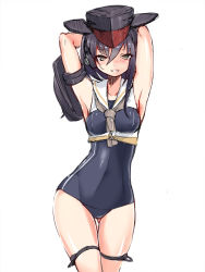 Rule 34 | 10s, 1girl, armpits, arms behind head, bare shoulders, black hair, black one-piece swimsuit, brown eyes, cowboy shot, facing viewer, framed breasts, gluteal fold, hair between eyes, hat, highres, i-13 (kancolle), kantai collection, maron (kagamikunn), one-piece swimsuit, parted lips, sailor collar, school swimsuit, short hair, solo, standing, swimsuit