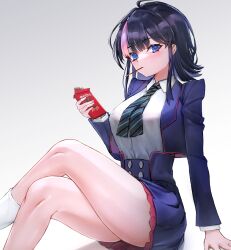 Rule 34 | 1girl, black hair, blue eyes, blue jacket, blue skirt, breasts, buttons, collared shirt, crossed legs, diagonal-striped clothes, diagonal-striped necktie, fate/grand order, fate/requiem, fate (series), food, food in mouth, high-waist skirt, highres, holding, holding food, jacket, large breasts, long sleeves, looking at viewer, medium hair, multicolored hair, necktie, open clothes, open jacket, pink hair, pocky, pocky in mouth, school uniform, shirt, sidelocks, simple background, sitting, skirt, socks, solo, streaked hair, striped, striped clothes, striped necktie, thighs, umeo (pixiv51103813), utsumi erice, utsumi erice (mission start), white background, white shirt