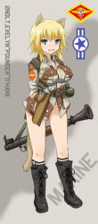 Rule 34 | 1girl, animal ears, bad id, bad pixiv id, belt, black socks, blonde hair, blue eyes, boots, breasts, camouflage, cat ears, cat tail, character name, cleavage, commentary request, dakku (ogitsune), desert camouflage, evelyn o&#039;hare, explosive, fang, freckles, full body, grenade, gun, handgun, high belt, holster, holstered, kneehighs, large breasts, panties, revolver, rocket launcher, rpg, rpg-7, rpg (weapon), sleeves rolled up, socks, solo, standing, strike witches, strike witches 1991, tail, underwear, uniform, weapon, world witches series