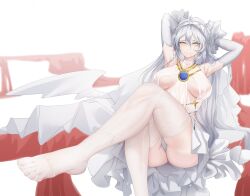 Rule 34 | 1girl, arms behind back, breasts, bridal veil, dress, elbow gloves, eos (neural cloud), feet, foot focus, girls&#039; frontline, girls&#039; frontline neural cloud, gloves, highres, hole in chest, hole on body, looking at viewer, official alternate costume, sitting, solo, thatob, thighhighs, veil, white dress, white gloves, white hair, white thighhighs, yellow eyes