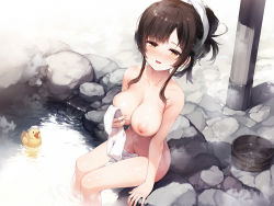 Rule 34 | 1girl, bath, bathing, breasts, brown eyes, brown hair, bucket, collarbone, completely nude, covering privates, from above, hair bun, holding, holding towel, large breasts, long hair, looking up, naked towel, nipples, nude, nude cover, onsen, open mouth, original, outdoors, partially submerged, rock, rubber duck, senji (tegone spike), single hair bun, sitting, smile, soaking feet, solo, steam, towel, wading pool, water, wet, wooden bucket