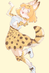 Rule 34 | 1girl, :3, :d, absurdres, animal ear fluff, animal ears, bad id, bad pixiv id, bare shoulders, blonde hair, blouse, blush, boots, bow, bowtie, commentary, extra ears, fang, full body, highres, kemono friends, kona ming, looking at viewer, open mouth, paw pose, print bow, print bowtie, print neckwear, print skirt, print thighhighs, serval (kemono friends), serval print, serval tail, shirt, short hair, simple background, skirt, sleeveless, sleeveless shirt, smile, solo, tail, thighhighs, traditional bowtie, white footwear, white shirt, yellow background, yellow eyes