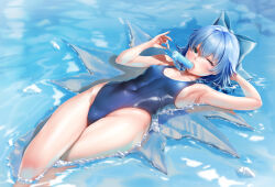 Rule 34 | 1girl, armpits, bare arms, bare legs, bare shoulders, blue bow, blue eyes, blue hair, blue nails, blue one-piece swimsuit, bow, cirno, collarbone, fairy, fingernails, food, groin, hair bow, highleg, highleg swimsuit, highres, holding, holding food, ice, ice wings, nail polish, nironiro, one-piece swimsuit, one eye closed, open mouth, popsicle, revision, short hair, solo, swimsuit, touhou, water, wings