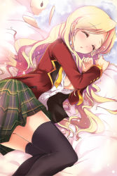 Rule 34 | 1girl, bed, black thighhighs, blazer, blonde hair, blush, breasts, cleavage, clenched hands, deeple, dress shirt, closed eyes, flint (sword girls), jacket, long hair, lowres, lying, medium breasts, on side, open clothes, open mouth, open shirt, plaid, plaid skirt, pleated skirt, ribbon, school uniform, sheep, shirt, skirt, sleeping, solo, stuffed animal, stuffed toy, sword girls, tattoo, thighhighs, very long hair, wavy hair