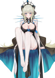 Rule 34 | 1girl, absurdres, black bow, black dress, blue eyes, bow, braid, breasts, cleavage, dress, fate/grand order, fate (series), french braid, grey hair, hair bow, highres, large breasts, long hair, long sleeves, looking at viewer, morgan le fay (fate), pelvic curtain, ponytail, sidelocks, sitting, solo, spikes, thighhighs, tiara, two-tone dress, ura illust, very long hair, white dress, white thighhighs, wide sleeves