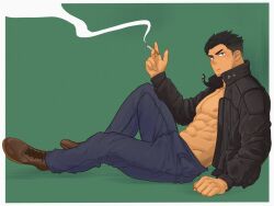 Rule 34 | 1boy, abs, amaimao, bara, black jacket, blush, boots, facial hair, from side, full body, goatee stubble, green background, highres, jacket, large pectorals, leather, leather boots, leather jacket, long sideburns, looking at viewer, looking to the side, male focus, muscular, muscular male, navel, nipples, open clothes, open jacket, original, pectorals, short hair, sideburns, sitting, smoke, smoking, solo, stubble