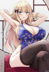 Rule 34 | :o, armpits, arms up, artist name, black bow, black thighhighs, blonde hair, blue eyes, blush, bow, breasts, cleavage, crossed legs, floral print, hair bow, hair ornament, hands in hair, highres, keenh, large breasts, long hair, looking at viewer, open mouth, princess connect!, saren (princess connect!), sitting, solo, thighhighs, thighs