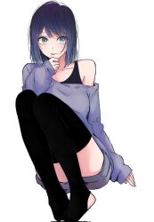Rule 34 | 1girl, black tank top, black thighhighs, blue eyes, blue hair, blue shorts, blue sweater, closed mouth, collarbone, commentary, english commentary, full body, hair in own mouth, highres, knees up, kurokawa akane, looking at viewer, loose hair strand, medium hair, nara (menosora), oshi no ko, shorts, simple background, single bare shoulder, single off shoulder, sitting, sleeves past elbows, solo, stirrup legwear, sweater, tank top, thighhighs, toeless legwear, white background