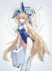 Rule 34 | 1girl, animal ears, aqua bow, aqua bowtie, areaaaron, bare arms, bare shoulders, blonde hair, blue archive, blue eyes, blue leotard, blue nails, bow, bowtie, breasts, cleavage, detached collar, fake animal ears, fake tail, feet out of frame, halo, hand up, highres, holding, leotard, long hair, medium breasts, nail polish, open mouth, playboy bunny, rabbit ears, rabbit tail, solo, tail, thighhighs, thighs, toki (blue archive), toki (bunny) (blue archive), v, white thighhighs, wrist cuffs