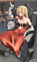 Rule 34 | 1girl, absurdres, blonde hair, breasts, commentary, dress, elbow gloves, english commentary, gloves, highres, holding, holding sword, holding weapon, katana, kiss-shot acerola-orion heart-under-blade, kizumonogatari, koffre3, large breasts, long hair, monogatari (series), oshino shinobu, pointy ears, red dress, sitting, skull, solo, sword, vampire, weapon, white footwear, yellow eyes