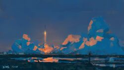 Rule 34 | artist name, commentary, dated, dusk, english commentary, highres, night, no humans, original, outdoors, scenery, sky, spacex, spacex falcon heavy, wide shot, xilmo