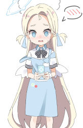 Rule 34 | 1girl, apron, black bow, blonde hair, blue apron, blue archive, blue eyes, blue ribbon, blush, bow, collared shirt, commentary request, feet out of frame, forehead, hair ribbon, halo, highres, holding, kapuru 0410, long hair, looking at viewer, low wings, nose blush, open mouth, ribbon, shirt, short eyebrows, short sleeves, simple background, solo, sora (blue archive), spoken blush, standing, strap slip, striped, striped bow, sweat, thick eyebrows, two side up, very long hair, wavy hair, white background, white shirt, white wings, wings