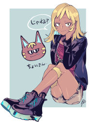 Rule 34 | 1girl, animal crossing, ankle boots, black eyes, black footwear, black jacket, blonde hair, blue hair, boots, cat, closed mouth, constricted pupils, cross-laced footwear, crossed legs, cutoffs, dark skin, eyelashes, fangs, fangs out, fingernails, full body, grey shorts, half-closed eyes, hand on own cheek, hand on own face, highres, jacket, katt (animal crossing), kisaragi ryou (p m), lace-up boots, light blue hair, long hair, long sleeves, looking at viewer, medallion, multicolored hair, nintendo, open clothes, open jacket, personification, red shirt, shirt, shorts, sitting, skindentation, smile, socks, speech bubble, striped clothes, striped legwear, striped socks, two-tone hair, unzipped, vertical-striped clothes, vertical-striped legwear, vertical-striped socks, zipper