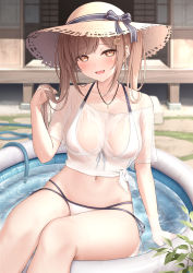 Rule 34 | 1girl, :d, arm at side, bare legs, bare shoulders, bikini, bikini under clothes, black bow, blurry, blush, bow, breasts, building, collarbone, crop top, day, depth of field, fang, front-tie top, hair bow, hair ornament, hairclip, halterneck, hand up, hat, highres, holding, holding own hair, jewelry, large breasts, light brown hair, long hair, looking at viewer, midriff, monaka curl, multi-strapped bikini, navel, necklace, off-shoulder shirt, off shoulder, open mouth, original, outdoors, plant, see-through, see-through shirt, shirt, side-tie bikini bottom, side-tie bottom, sidelocks, sitting, skindentation, smile, solo, stomach, straw hat, sun hat, sunlight, swept bangs, swimsuit, thighs, tied shirt, two-tone bikini, water, water pipe, white bikini, yellow eyes