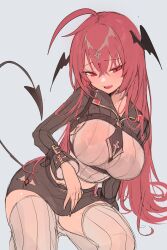 Rule 34 | 1girl, absurdres, ahoge, alternate costume, breasts, demon tail, harness, head wings, highres, koakuma, large breasts, long hair, necktie, open mouth, red eyes, red hair, shirt, short necktie, simple background, sitting, skirt, solo, tail, thighhighs, touhou, very long hair, white shirt, wings, zerocat