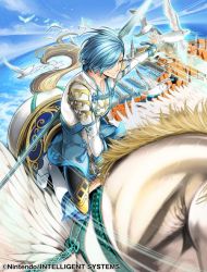 Rule 34 | 1boy, bird, blue hair, boots, company name, feathered wings, feathers, fire emblem, fire emblem cipher, fire emblem fates, hair over one eye, male focus, nintendo, pegasus, pegasus knight uniform (fire emblem), polearm, shigure (fire emblem), sky, solo, spear, toyo sao, water, weapon, wings, yellow eyes