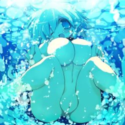 Rule 34 | 1girl, ;d, aqua hair, blue eyes, blush, breasts, bubble, elf, fat mons, large breasts, no nipples, nude, one eye closed, open mouth, original, pointy ears, pussy, sakaki (noi-gren), short hair, smile, solo, underwater, water, wink