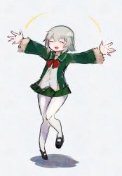 Rule 34 | 1girl, agtt25333, blonde hair, blush, closed eyes, fur-trimmed sleeves, fur trim, green jacket, green sailor collar, green skirt, hair between eyes, highres, jacket, kantai collection, leg up, long sleeves, mary janes, messy hair, neck ribbon, open mouth, pantyhose, pleated skirt, red ribbon, ribbon, round teeth, sailor collar, school uniform, shadow, shimushu (kancolle), shoes, short hair, simple background, skirt, smile, solo, stretched limb, teeth, white background, white pantyhose