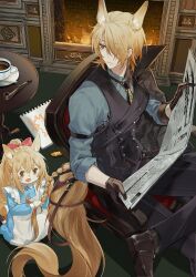 Rule 34 | 1boy, 1girl, absurdres, animal ear fluff, animal ears, apron, arknights, black gloves, black pants, black vest, blemishine (arknights), blonde hair, blue dress, blue shirt, bow, braided tail, brown eyes, brown footwear, child&#039;s drawing, closed mouth, commentary, cup, dress, extra ears, figure four sitting, fireplace, frilled apron, frills, gloves, hair between eyes, hair bow, hair over one eye, half updo, highres, holding, holding newspaper, horse boy, horse ears, horse girl, horse tail, indoors, long bangs, long sleeves, maid, mlynar (arknights), newspaper, on chair, open mouth, pants, puffy long sleeves, puffy sleeves, red bow, shidare (youh4016), shirt, shoes, short hair, sitting, smoking pipe, table, tail, teacup, uncle and niece, vest, white apron