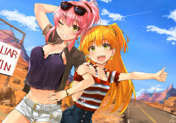 Rule 34 | 2girls, :d, arm behind head, blonde hair, blue sky, bracelet, commentary, cowboy shot, crop top, day, desert, earrings, eyewear on head, fangs, green eyes, grin, hair ornament, hair scrunchie, half updo, hand on own hip, hitchhiking, idolmaster, idolmaster cinderella girls, jewelry, jougasaki mika, jougasaki rika, locked arms, long hair, looking at viewer, midriff, multiple girls, navel, one eye closed, open mouth, outdoors, pink hair, ponytail, road, scrunchie, shirt, short shorts, shorts, siblings, signature, sisters, sky, smile, standing, star (symbol), star earrings, striped clothes, striped shirt, sunglasses, teeth, thumbs up, twintails, upper teeth only, white shorts, wrist cuffs, yanngoto, yellow eyes