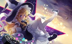 Rule 34 | 1girl, :o, adjusting eyewear, ankle cuffs, bai banca, bespectacled, blonde hair, bloomers, blouse, blue eyes, bobby socks, bow, broom, cloud, cloudy sky, eyelashes, flying, frills, glasses, hat, hat bow, kirisame marisa, long hair, looking at viewer, mary janes, mini-hakkero, neck ribbon, night, night sky, open mouth, outstretched hand, red-framed eyewear, ribbon, semi-rimless eyewear, shirt, shoes, skirt, sky, socks, solo, star (sky), star (symbol), starry sky, touhou, twilight, under-rim eyewear, underwear, vest, witch, witch hat, wrist cuffs