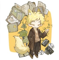 Rule 34 | 1boy, animal ears, ashfx, atou haruki, black pants, blonde hair, book, brown coat, brown footwear, brown vest, cassette tape, chibi, chinese commentary, clipboard, closed eyes, closed mouth, coat, colored eyelashes, commentary request, dvd (object), food, fox boy, fox ears, fox tail, fruit, grape vine, grapes, hand in pocket, hand up, kemonomimi mode, male focus, no nose, open clothes, open coat, pants, ribbed sweater, saibou shinkyoku, shoes, short hair, smile, solo, sweater, tail, turtleneck, turtleneck sweater, vest, yellow sweater
