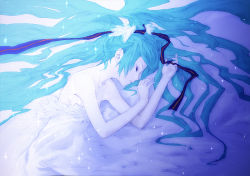 Rule 34 | bare shoulders, blue hair, hatsune miku, last night good night (vocaloid), long hair, lying, redjuice, sleeping, solo, vocaloid